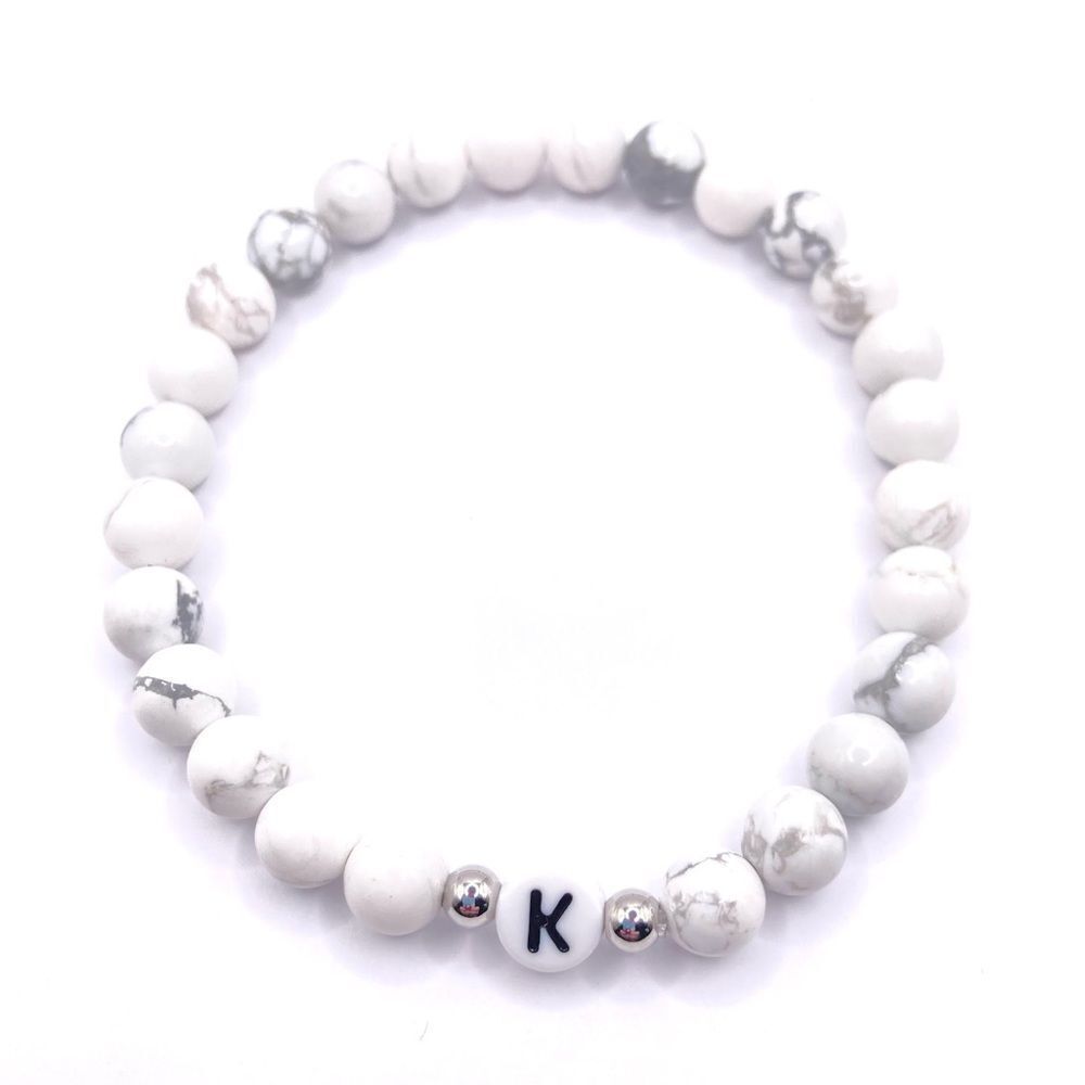 Black and white Initial K natural howlite stone stretch bracelet
